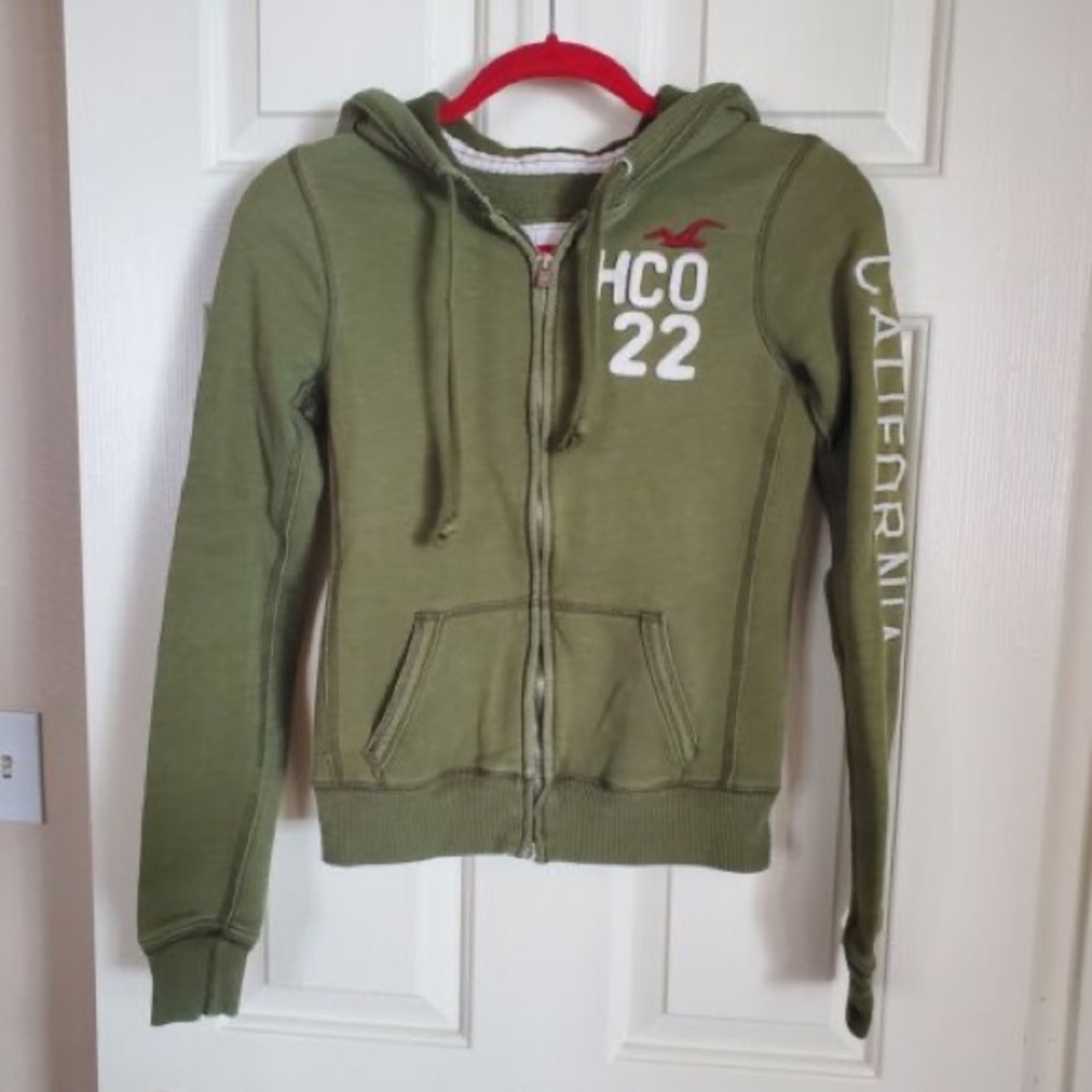Hollister Olive Green Zipper Hoodie Medium Vintage